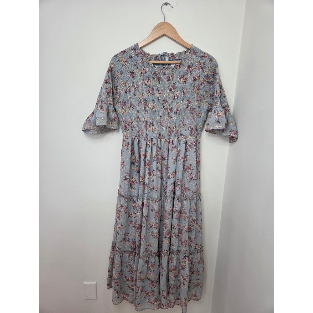 Jessakae Wandering Willoughby Smocked Floral Midi Dress Tiered Ruffle Blue XL